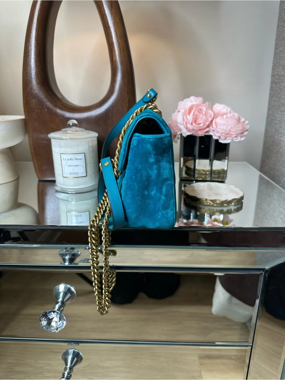 Small Gucci Teal Velvet GG Marmont Shoulder Bag with Gold Hardware - Picture 6 of 12